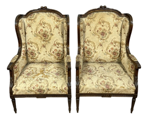 Large Louis XVI Style Carved Wooden Bergère Armchairs, Set of 2