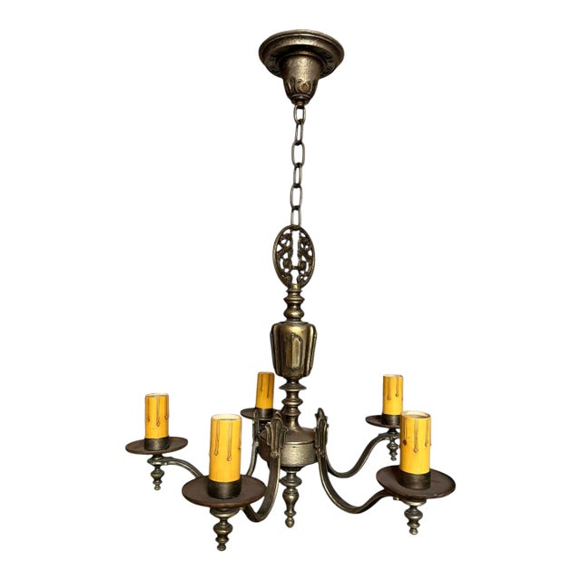 Vintage Five Light Pewter Patina Chandelier With Dragon Scrollwork For Sale