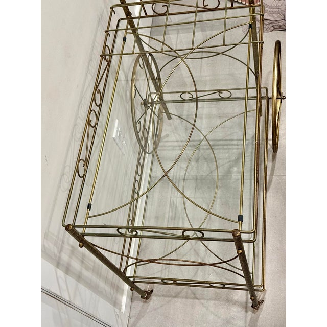1950s Whimsical Mid‑Century Hollywood Regency TwoTier Brass Bar Cart Trolly For Sale - Image 5 of 9