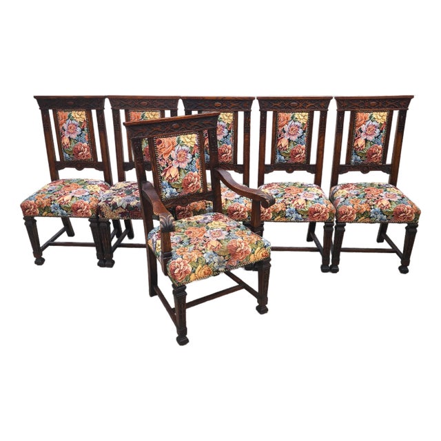 Antique English Oak Dining Chairs 1800s Set of 6 For Sale