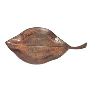 Large Aged Copper-Style Hammered Metal Fall Leaf Shaped Decor Serving Tray For Sale