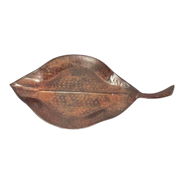 Large Aged Copper-Style Hammered Metal Fall Leaf Shaped Decor Serving Tray For Sale