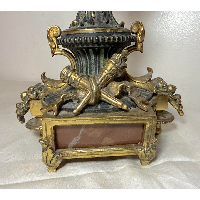 Pair Antique Ornate 1800's Patinated Gilt Bronze Marble Neoclassical Candelabras For Sale - Image 11 of 14
