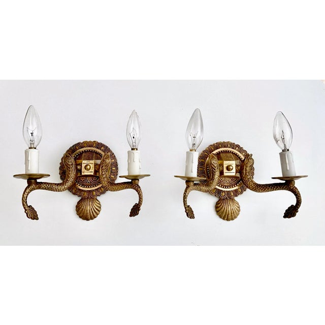 Set 6 Neoclassic Dolphin Shell Brass Wall Sconces For Sale - Image 4 of 13