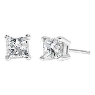 AGS Certified 14k White Gold 1.0 Cttw 4-Prong Set Princess-Cut Solitaire Diamond Push Back Stud Earrings for Women (E-F Color, I1-I2 Clarity) For Sale