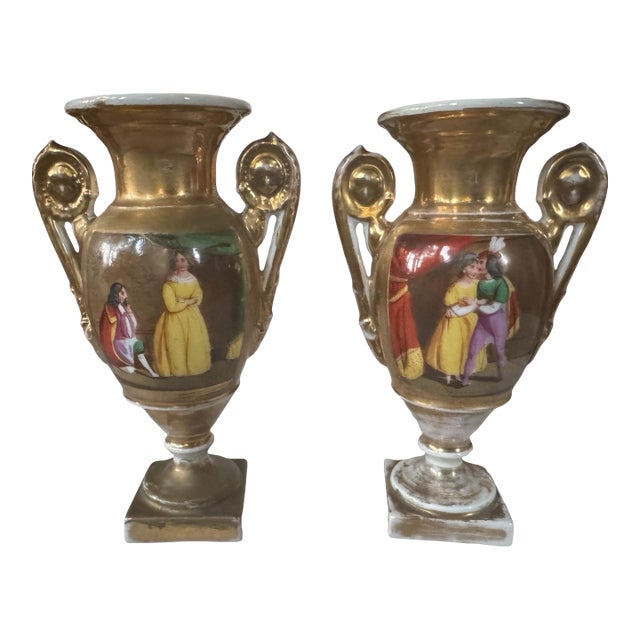 Pair of Antique Old Paris Porcelain Portrait & Scenic Gilt Decorated Miniature Cabinet 6.5" Vases For Sale