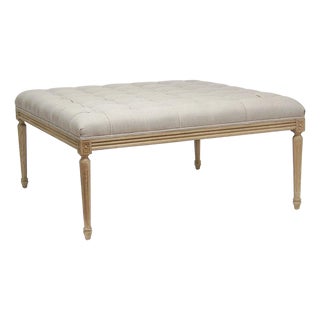 Louis Tufted Linen Ottoman - Natural Linen For Sale