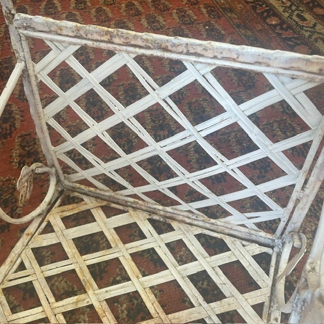 Vintage Victorian French Style White Iron / Lattice Rectangle Basket W/ Leaves/Tiles & Fixed Handle For Sale - Image 14 of 18