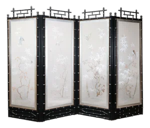 Vintage Chinese Hand-Painted Four-Panel Silk Folding Screen – Bamboo & Bird Motif