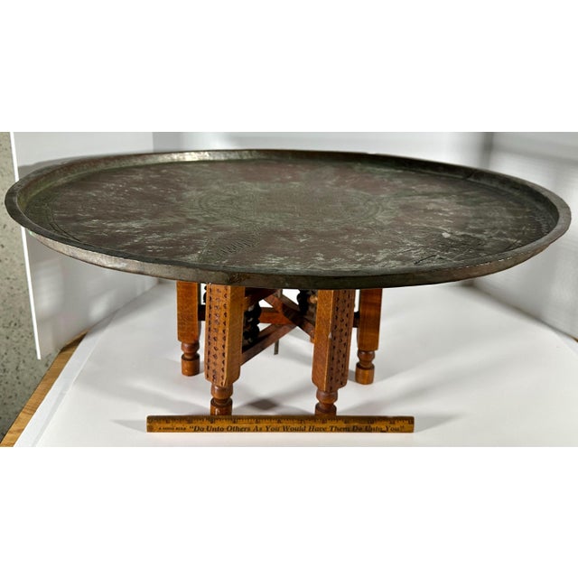 Brown Moroccan Copper Tray Table: Hand-Etched Floral Design, Folding Wood Base For Sale - Image 8 of 10