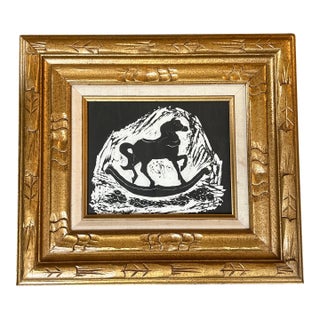 1970’s Original Folk Art Rocking Horse Block Print Chunky Gold Frame For Sale