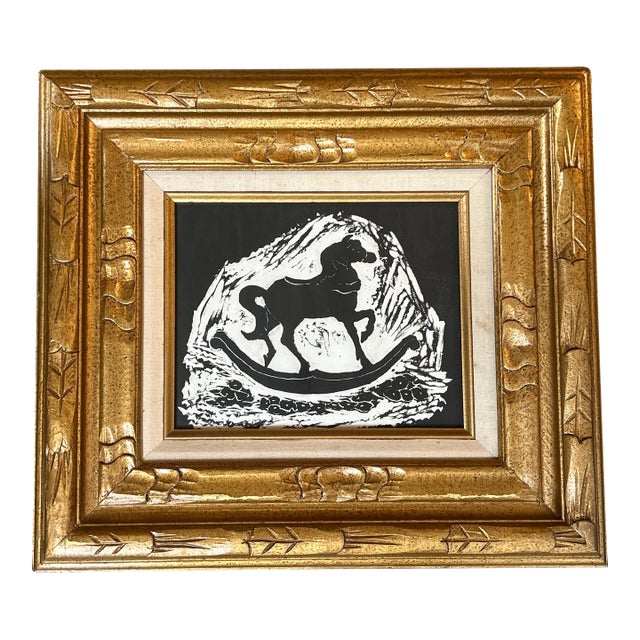1970’s Original Folk Art Rocking Horse Block Print Chunky Gold Frame For Sale