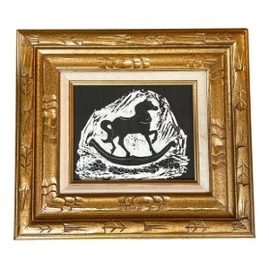 1970’s Original Folk Art Rocking Horse Block Print Chunky Gold Frame