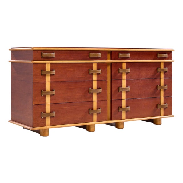 Paul Frankl for Johnson Furniture Mid Century Leather, Birch and Maple Station Wagon Dresser For Sale