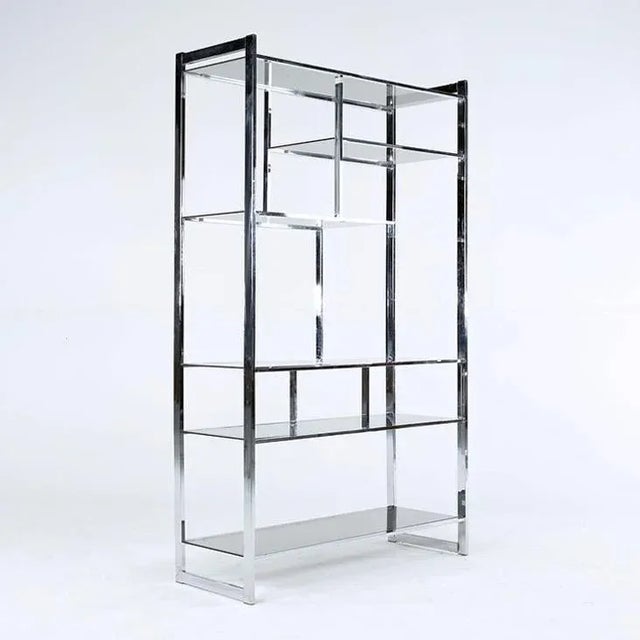 1970s Design Institute America (D I A) Staggered Chrome + Smoked Glass Étagère Shelving Wall Unit For Sale In Baltimore - Image 6 of 9