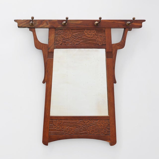 Art Nouveau Oak Coat Rack with Mirror and Floral Carvings, Belgium, 1910s For Sale - Image 12 of 12