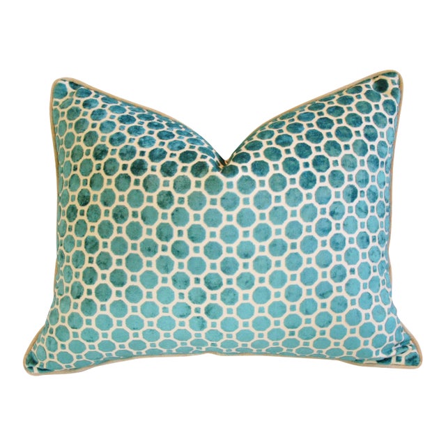 24" x 18 Turquoise Geometric Dot Velvet Feather/Down Pillow For Sale
