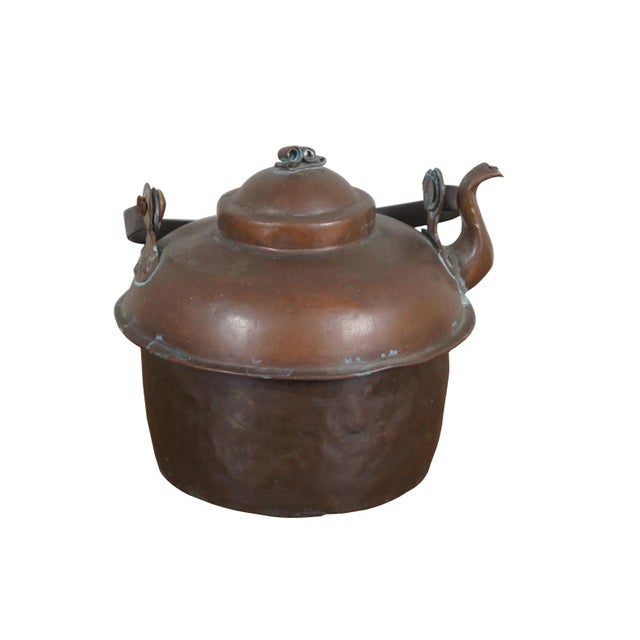 Large 19th century dovetailed copper farmhouse kettle / coffee pot with gooseneck shaped spout, rotating bail handle and...