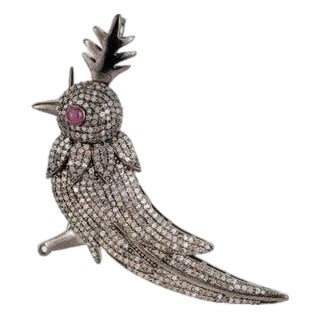 Chic Antique Bird Pendant Brooch With Ruby and Diamonds For Sale