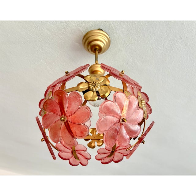 Glass 1970s Mid-Century Modern Style Hand-Painted Salmon Pink Glass Floral Globe Chandelier⁠ For Sale - Image 7 of 17