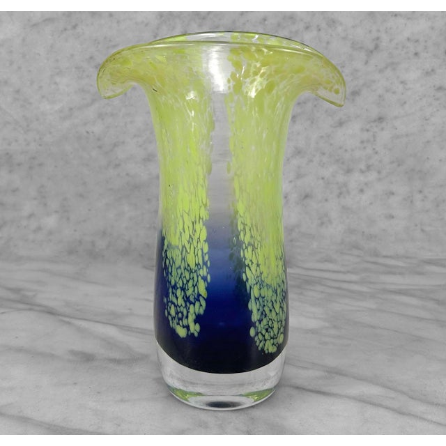Mid-Century Modern Vintage Italian Blue & Green Flared Art Glass Vase For Sale - Image 3 of 6