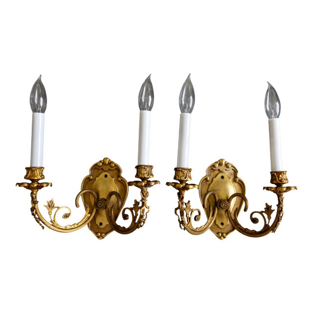 1960s French Neoclassical Double Arm Brass Bow Sconces With Lampshades - a Pair For Sale