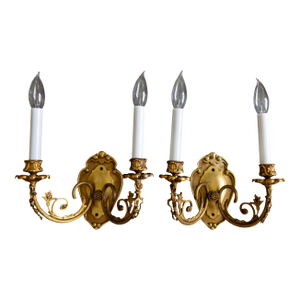 1960s French Neoclassical Double Arm Brass Bow Sconces With Lampshades - a Pair