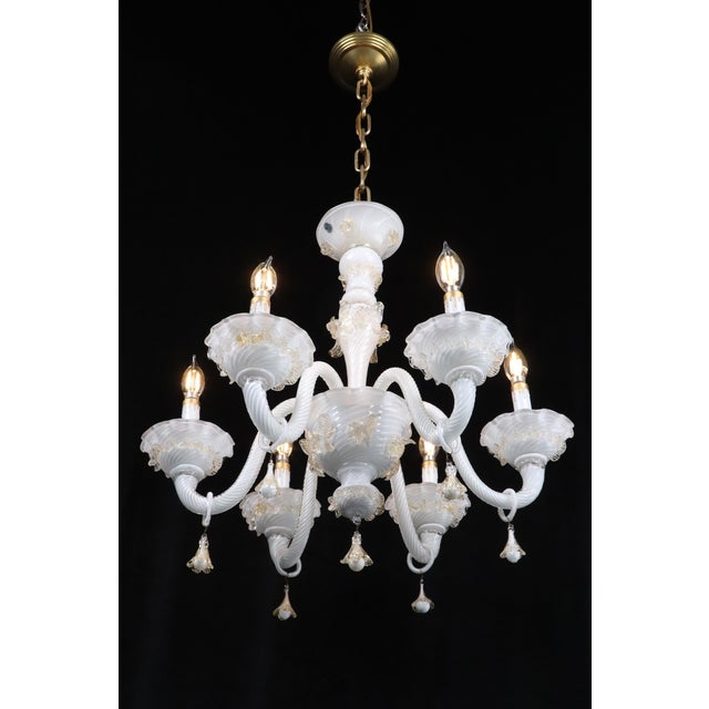Vintage White Glass Gold 6 S Arm Chandelier For Sale - Image 10 of 16