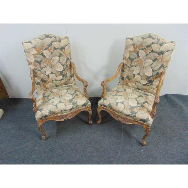 Quality made Louis XV style chairs , high back , carved frame with faux painted finish ,leaf patterned fabric