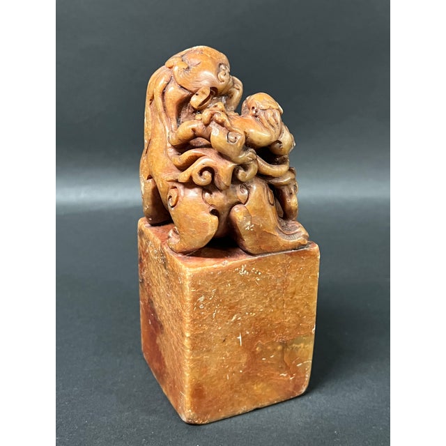 Vintage Large Chinese Art Carved Soapstone Seal With Foo Dog Sculpture For Sale - Image 10 of 11
