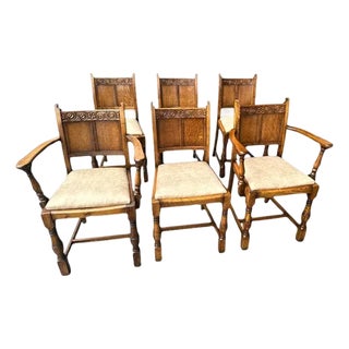 Antique English Edwardian Arts & Crafts Oak Dining Chairs With New Leather Seats - Set of 6 - Circa 1905 For Sale