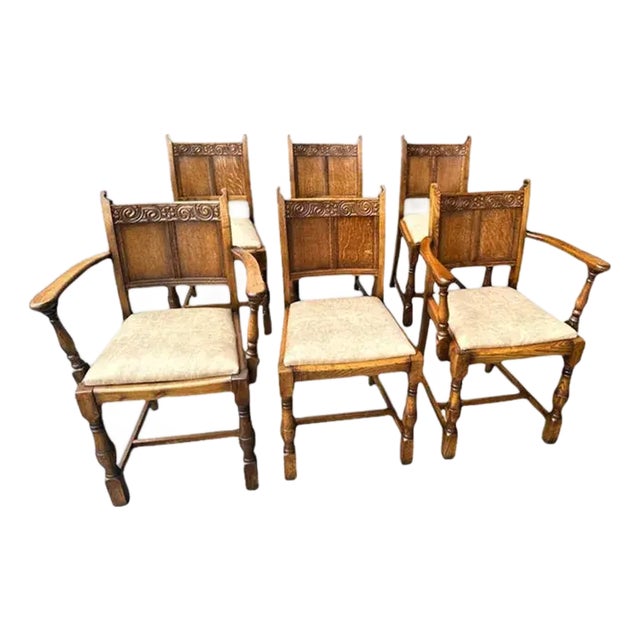Antique English Edwardian Arts & Crafts Oak Dining Chairs With New Leather Seats - Set of 6 - Circa 1905 For Sale