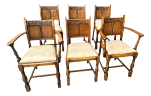 Antique English Edwardian Arts & Crafts Oak Dining Chairs With New Leather Seats - Set of 6 - Circa 1905