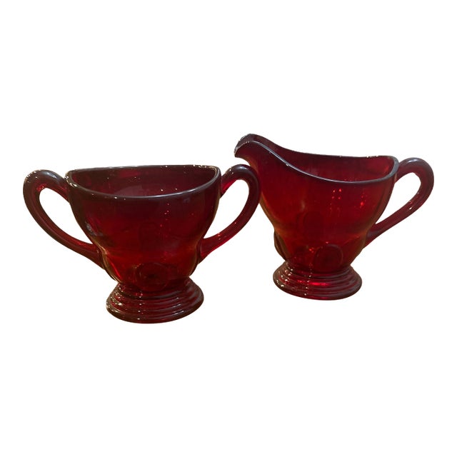 1930s New Martinsville Moondrops Ruby Cream and Sugar For Sale