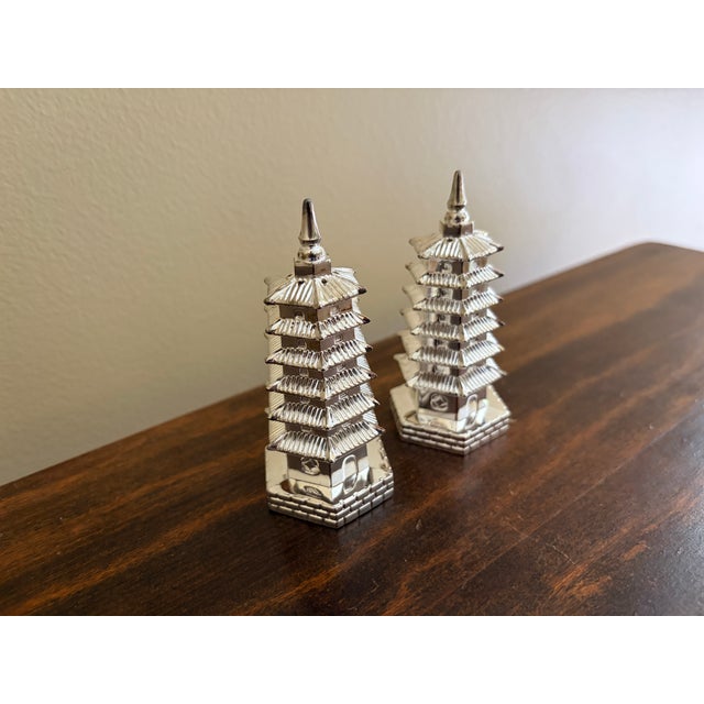 Chinoiserie Silver Godinger Chinoiserie Pagoda Salt and Pepper Shakers For Sale - Image 3 of 8