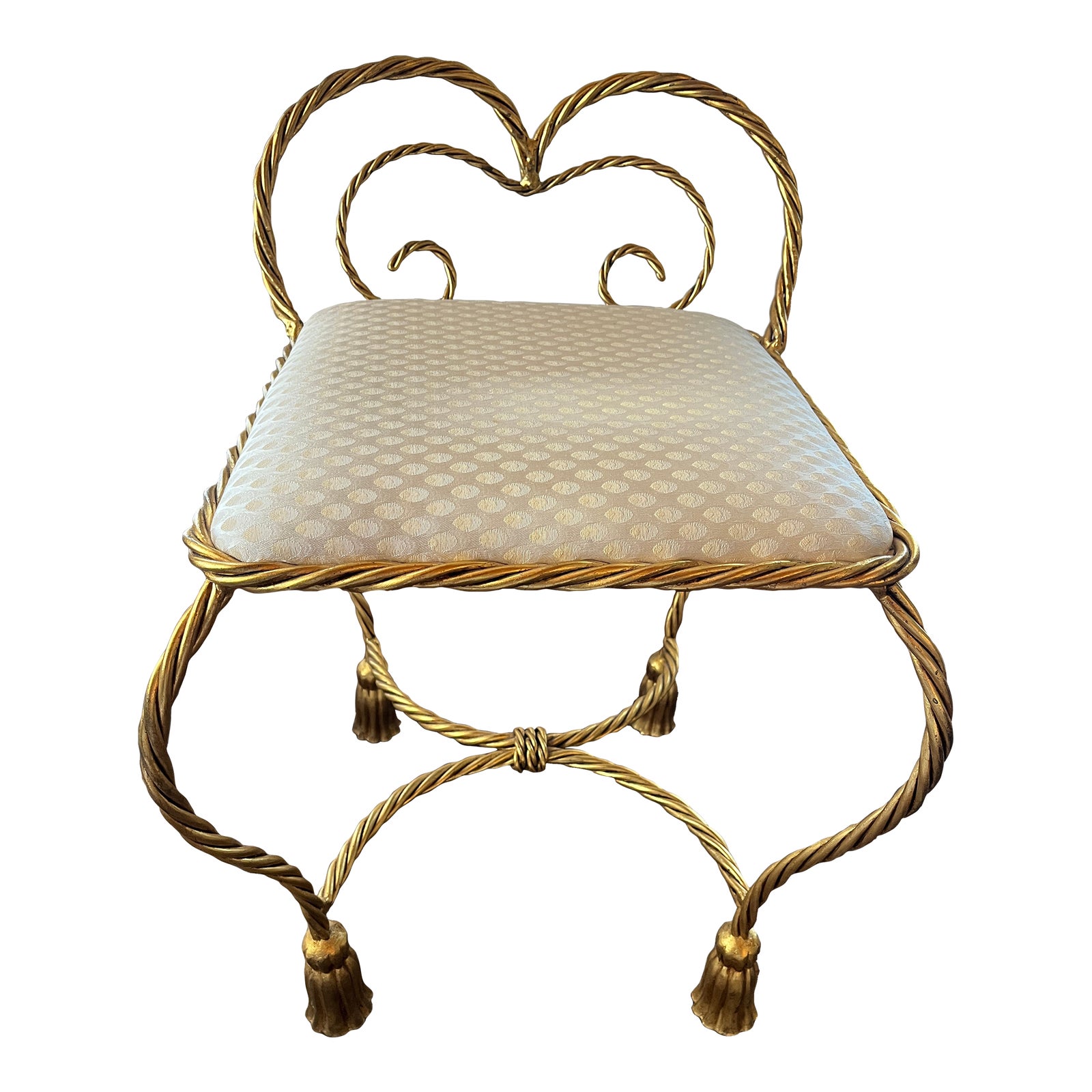 1970s Hollywood Regency Vanity Stool, Gold Gilt Iron Rope Tassel Legs