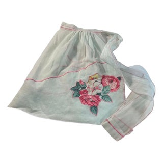 Vintage 1940s Sheer Organza Apron  Mint Floral Appliqué, Pin-Up Style For Sale