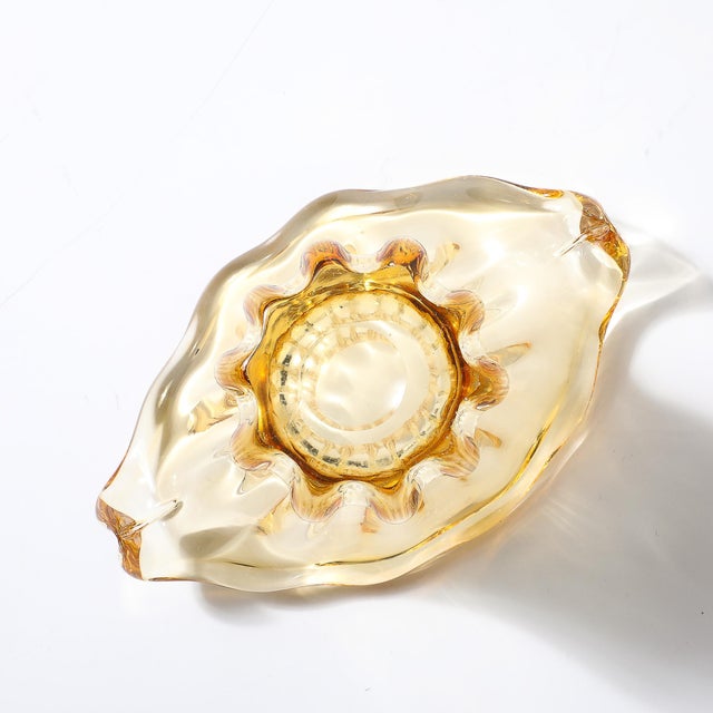 Mid-Century Hand-Blown Murano Citrine Glass Vase With Fluted Curved Opening For Sale - Image 10 of 13
