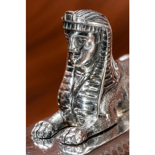 Egyptian Revival Antique Victorian Silverplate Double Inkwell Desk Inkstand Egypt Sphinx For Sale - Image 4 of 18