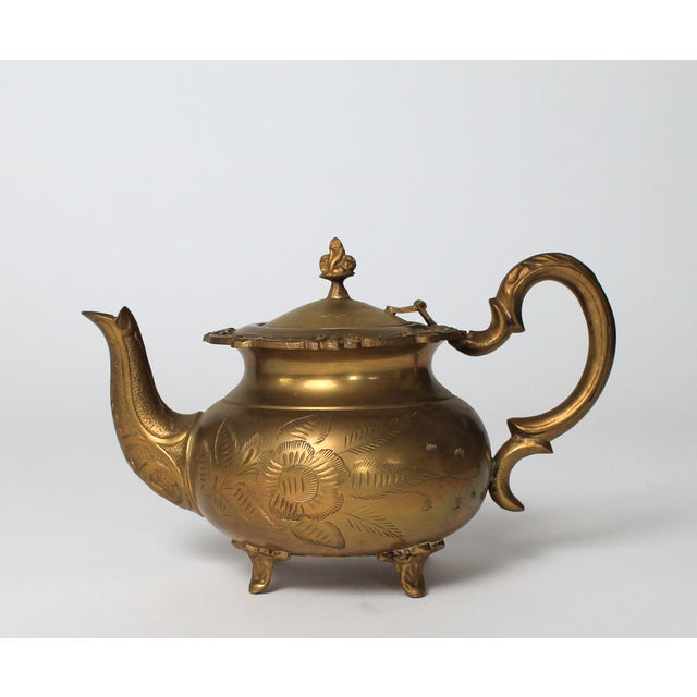 Hollywood Regency Vintage Middle Eastern Etched Brass Teapot For Sale - Image 3 of 14