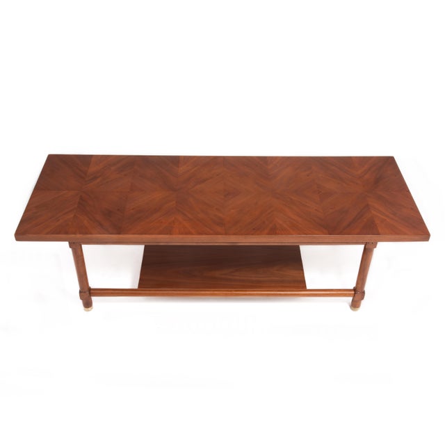 Brown Walnut Mid Century Checkerboard Coffee Table Brass Cap Feet After Carl Axel Acking For Sale - Image 8 of 13