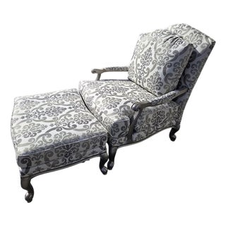1990s Oversized Ethan Allen Versailles Bergere Lounge Chair & Ottoman Set Damask For Sale