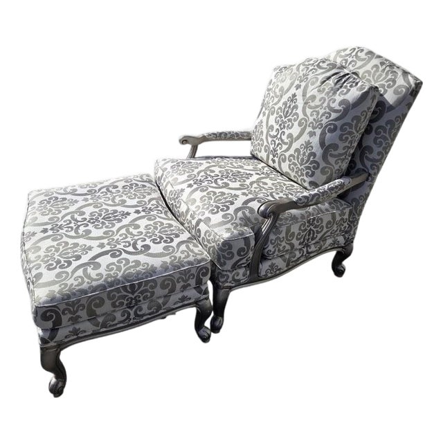 1990s Oversized Ethan Allen Versailles Bergere Lounge Chair & Ottoman Set Damask For Sale