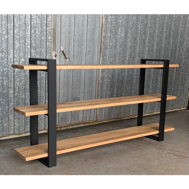 Early 21st Century New Custom Etagere with Three Oak Shelves and Iron Structure For Sale - Image 5 of 18