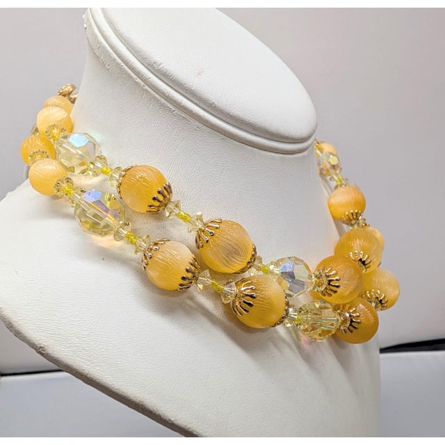 Vendome Vintage 1960s Signed Vendome 2-Strand Goldtone Orange & Yellow Beaded Necklace For Sale - Image 4 of 7