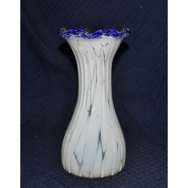 White Murano Vase with Blue Border, 1970s For Sale - Image 7 of 7
