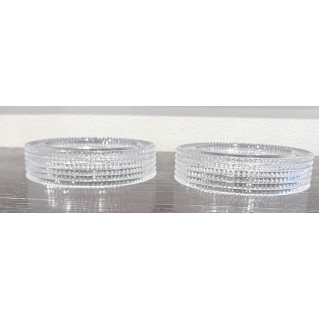 This pair of vintage etched crystal like glass bowls or possibly even for use as ashtrays, have a hobnail or diamond-point...