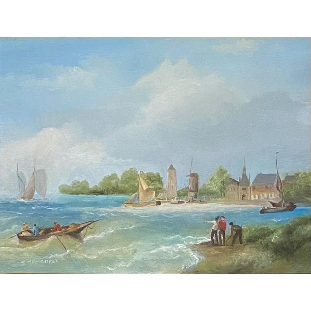 Oil painting of a Dutch riverscape with windmill and sailboats in the background, fishing vessels and figures in the...