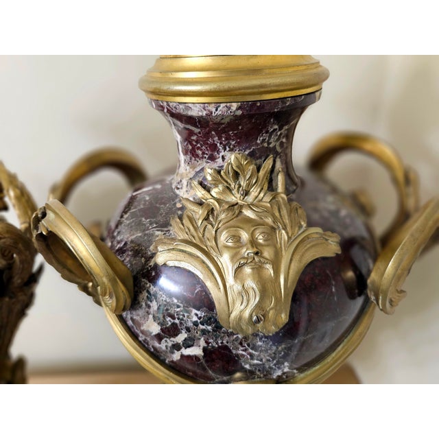 Pair Early 20th C. Louis XVI Style Mottled Lavender Marble and Gilt Bronze Ormolu Covered Urns For Sale - Image 10 of 13