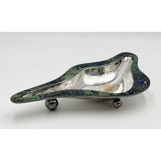 Mid 20th Century Los Castillo Taxco Modernist Silver Plate Malachite & Lapis Centerpiece Bowl For Sale In Los Angeles - Image 6 of 18